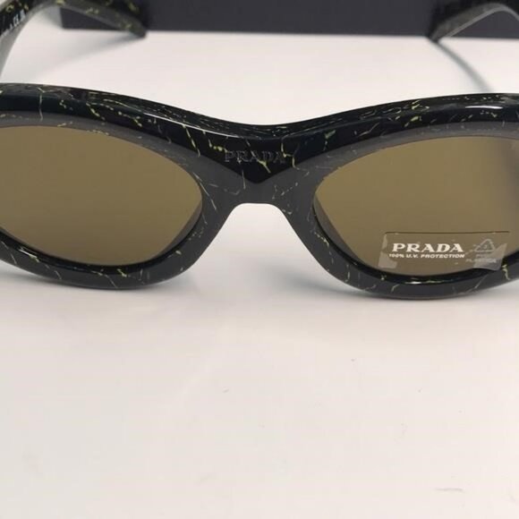New Authentic Prada SPR 20Z Acetate Oval Symbole Sunglass– Black &Green Marbles - Picture 9 of 13